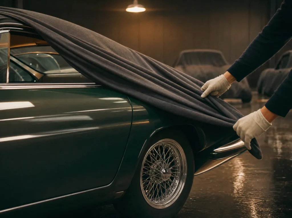 Gloved hands checking a tire on the fender of a green classic coupe on the floor at The Collective