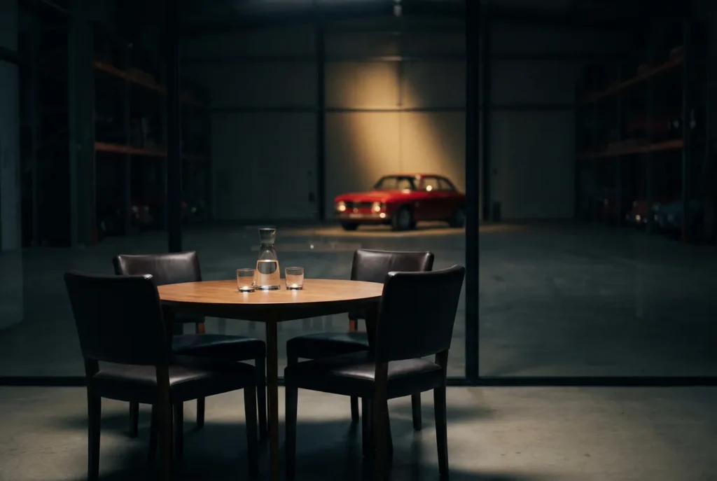A small meeting table in the lounge with the cars beyond